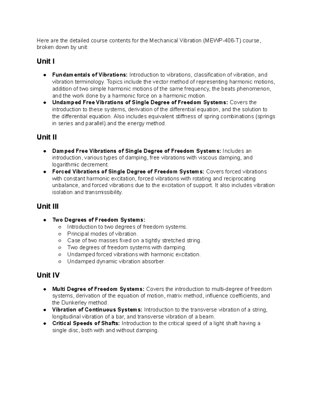 MECH 301: Course Contents for Mechanical Vibration Units Overview - Studocu