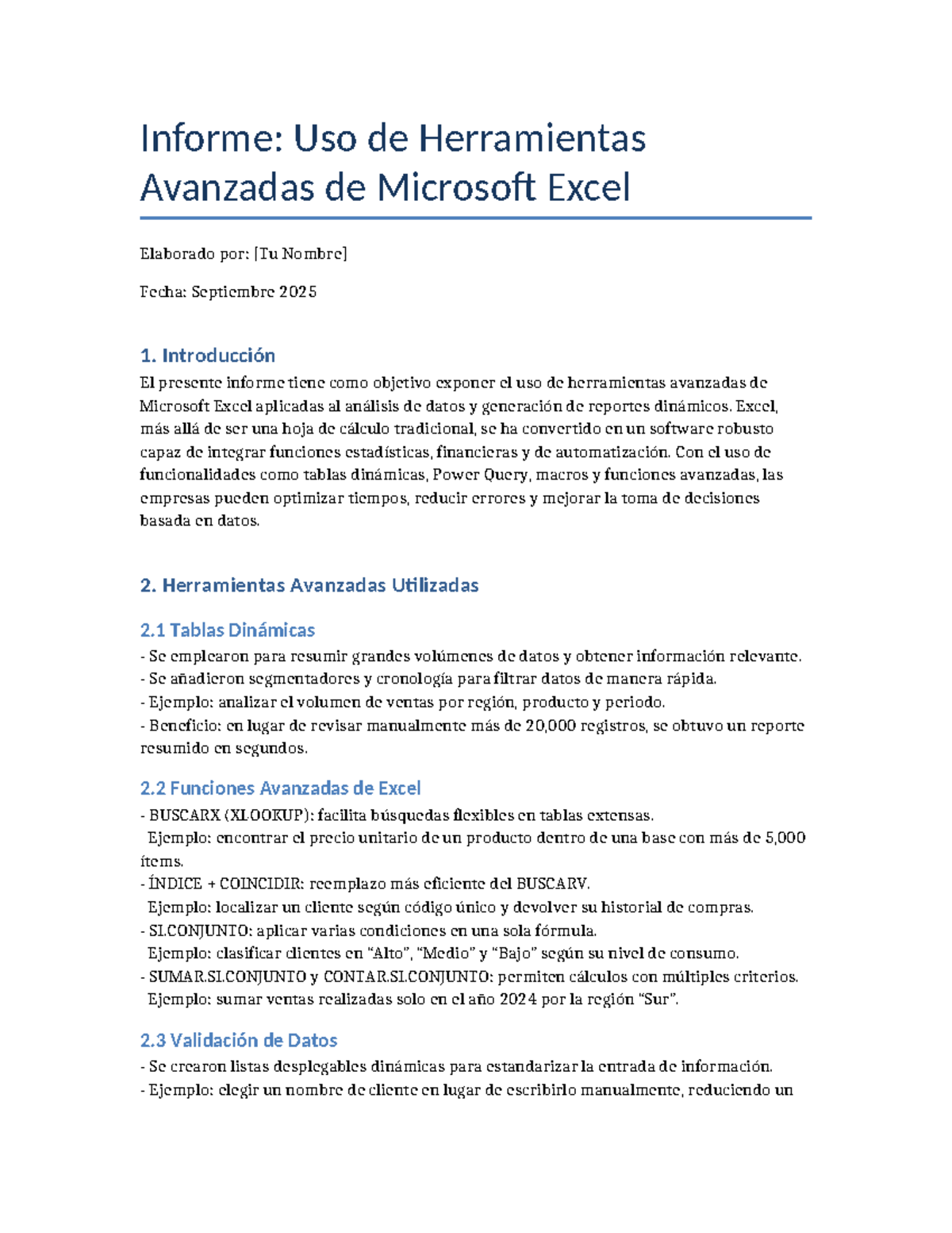 Informe: Uso de Herramientas Avanzadas de Excel - Análisis de Datos ...