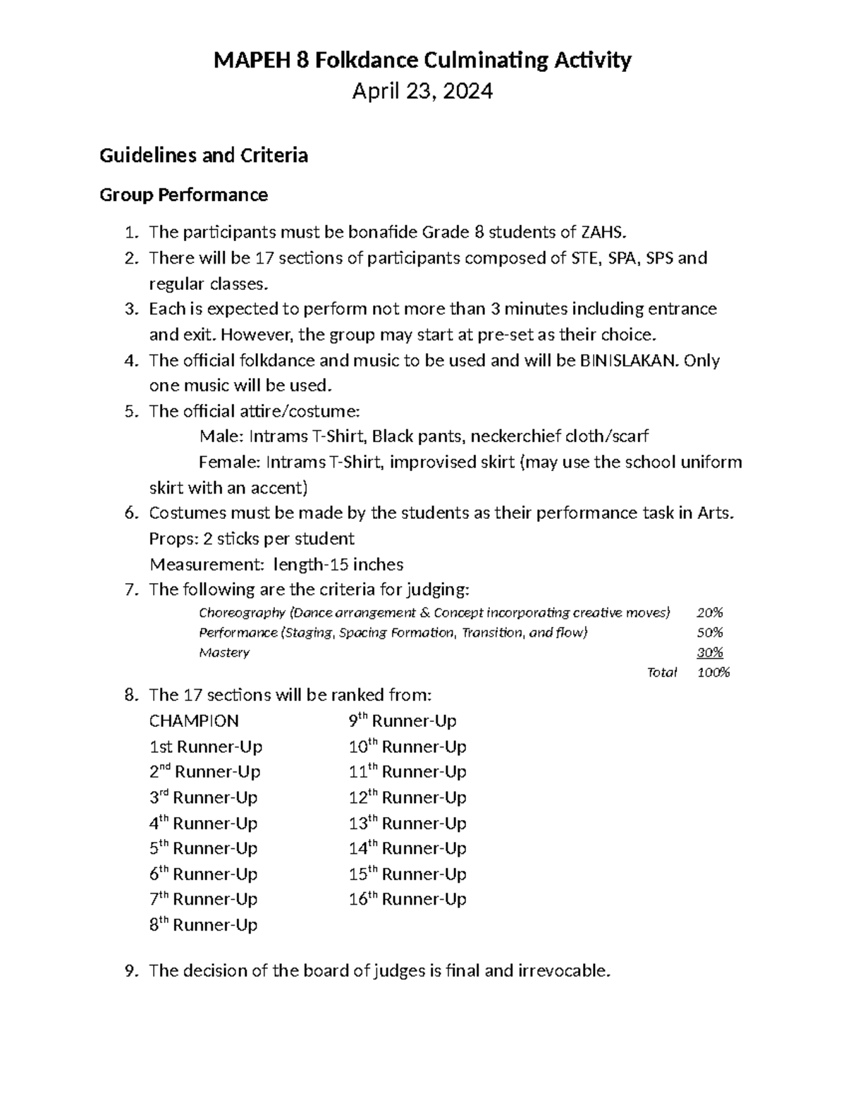 Guidelines Mapeh 8 Folkdance Culminating Activity - MAPEH 8 Folkdance ...
