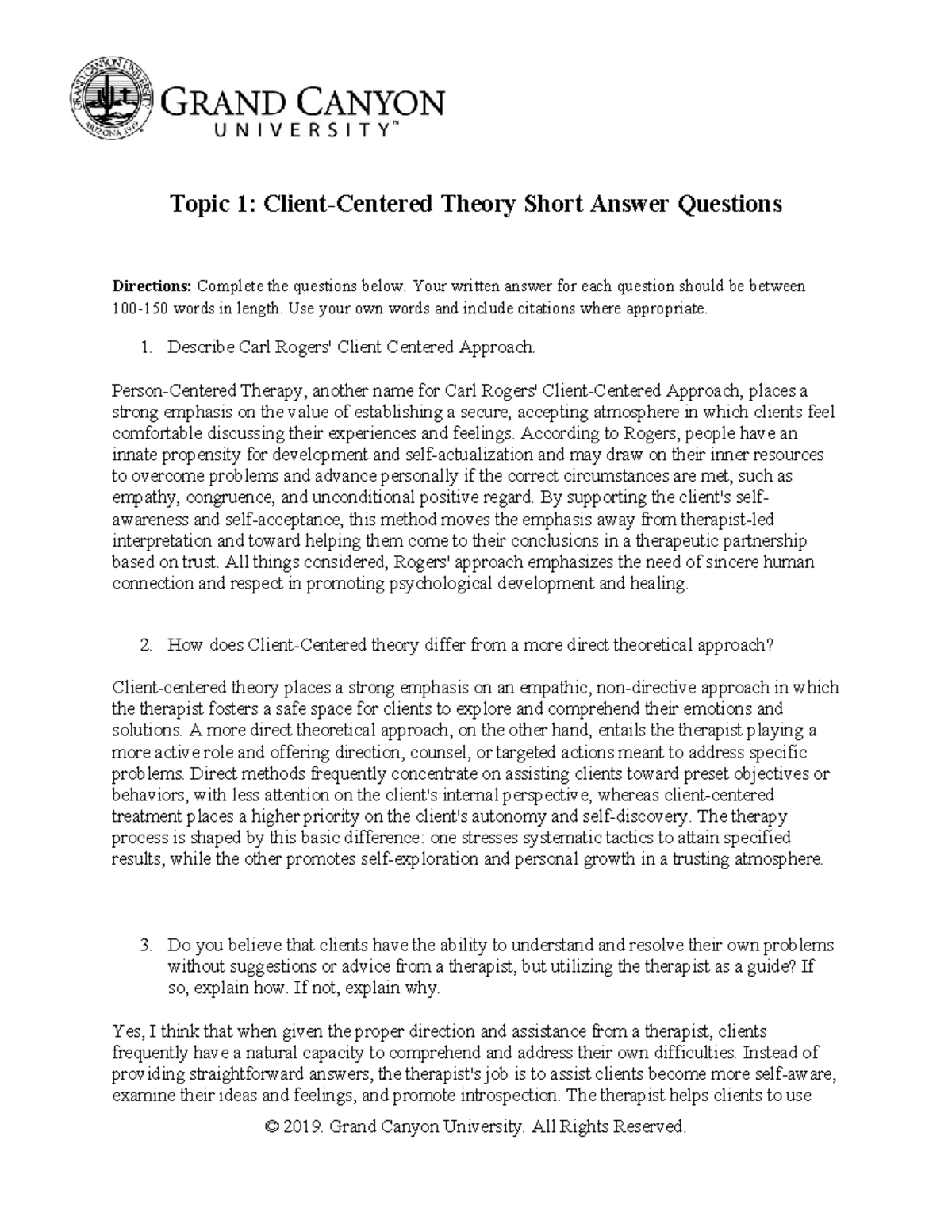 Client Centered Therapy: Short Answer Questions (GCU) - Studocu