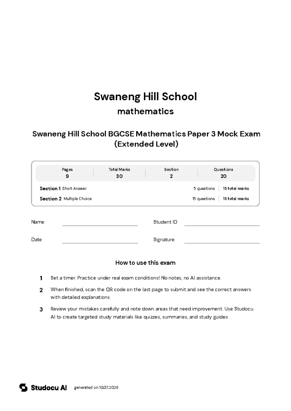 Swaneng Hill BGCSE Math Paper 3 Mock Exam - Studocu