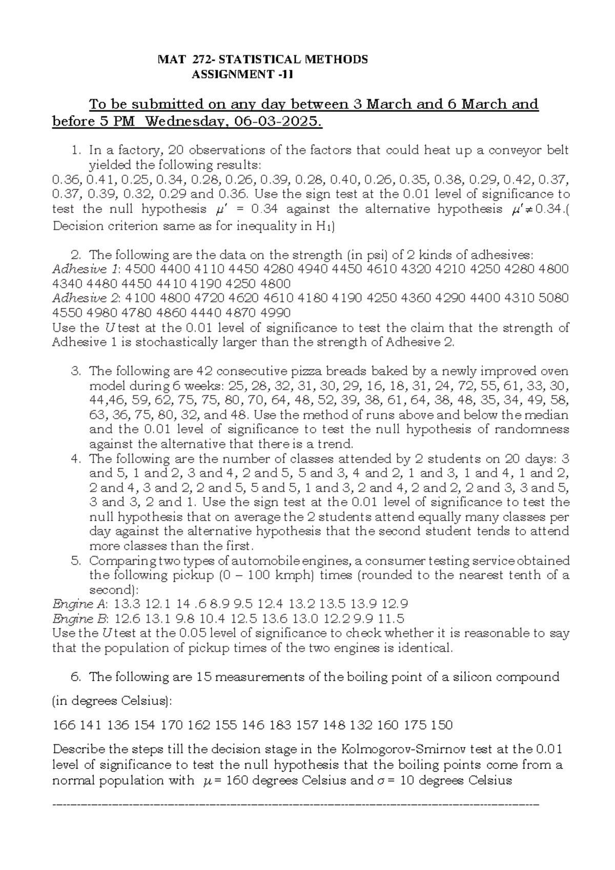 Assignment-II-Statistical Methods - MAT 272- STATISTICAL METHODS ...