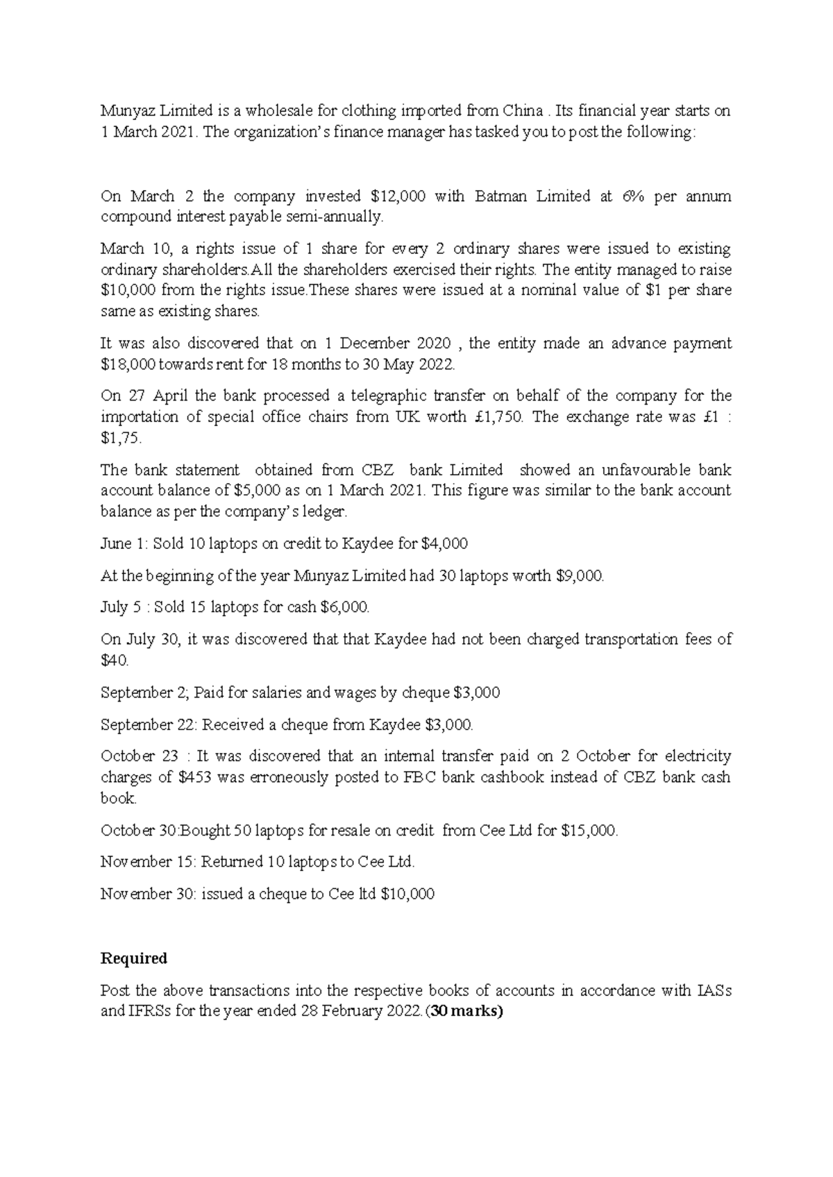 ACC145 Assignment - Practice on Financial Transactions for Munyaz Ltd ...