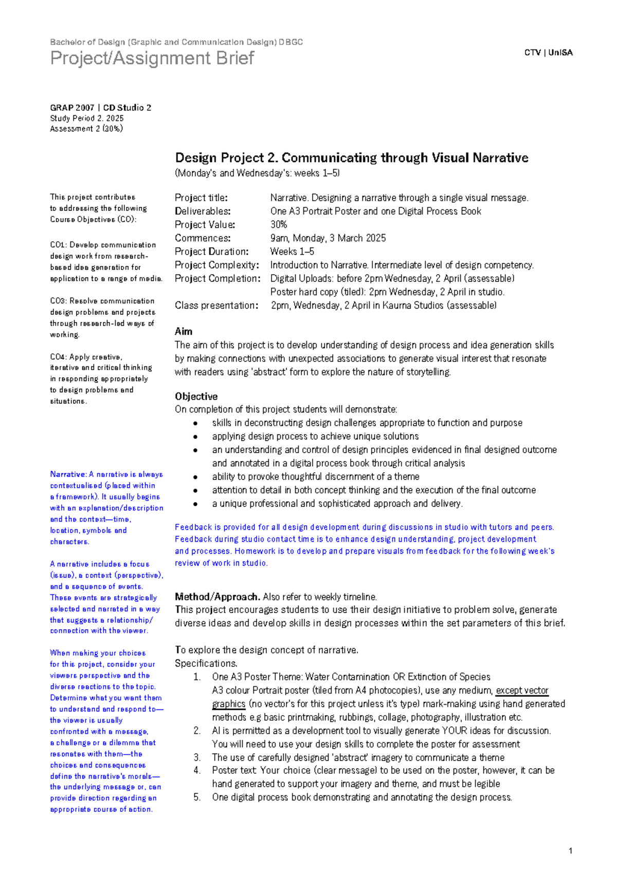 GRAP 2007 | CD Studio 2 Project 2: Visual Narrative Design Brief - Studocu
