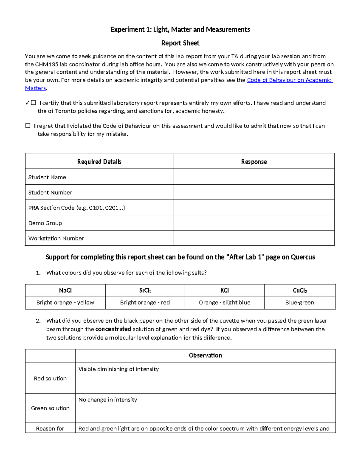 CHM135 Lab 1 Report Sheet - Experiment 1: Light, Matter and ...