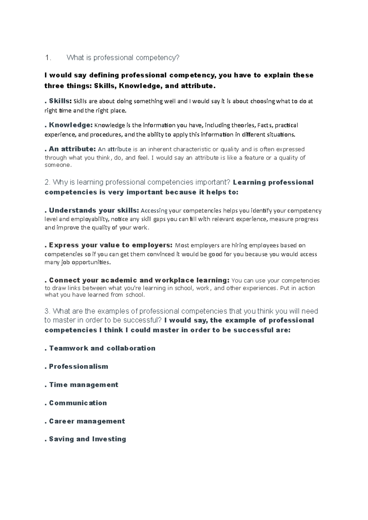 Professional Competencies Pre-Class Notes: Skills, Knowledge ...