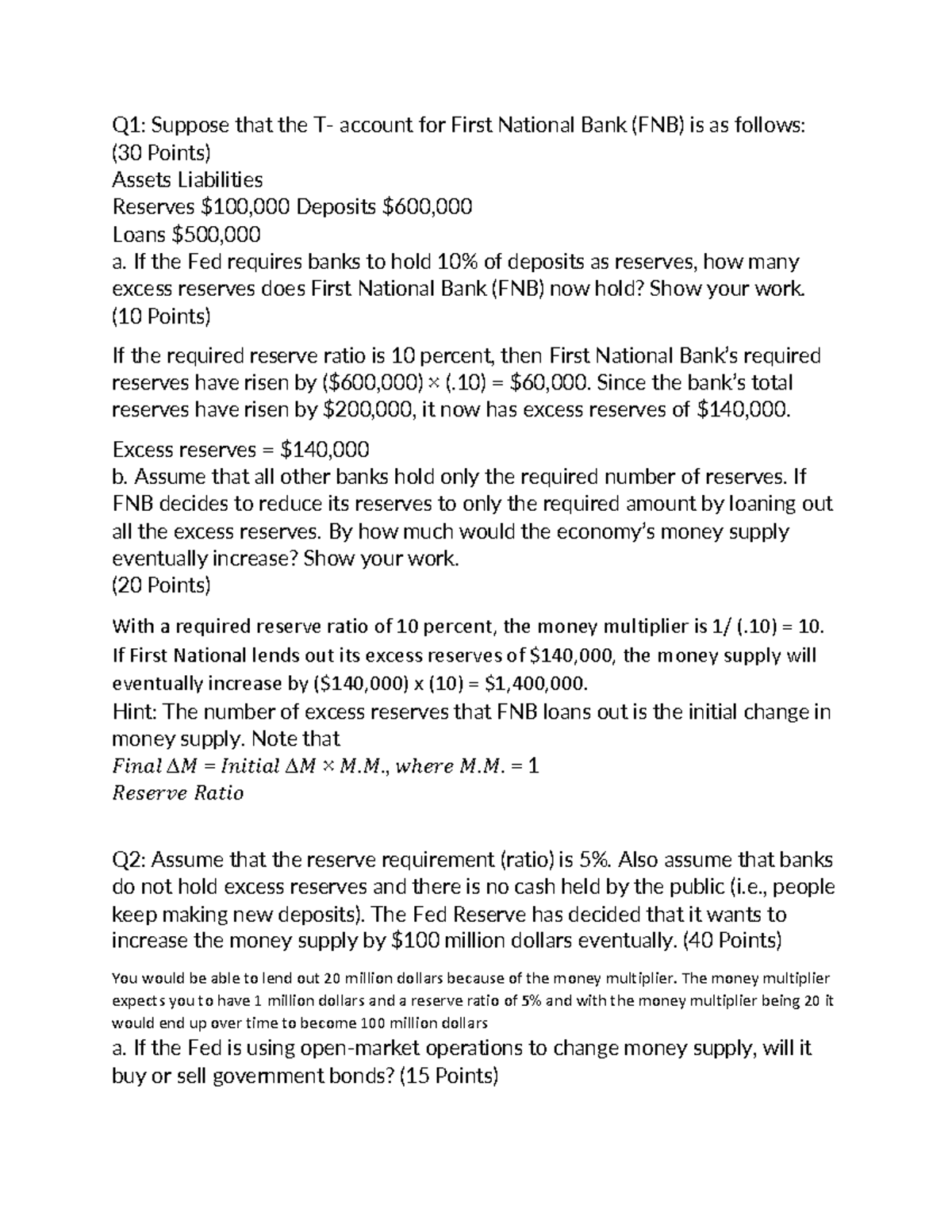 Homework 5 - Q1: Suppose that the T- account for First National Bank ...