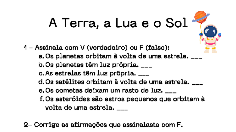 A Terra, a Lua e o Sol - Ficha de Estudo do Sistema Solar - Studocu
