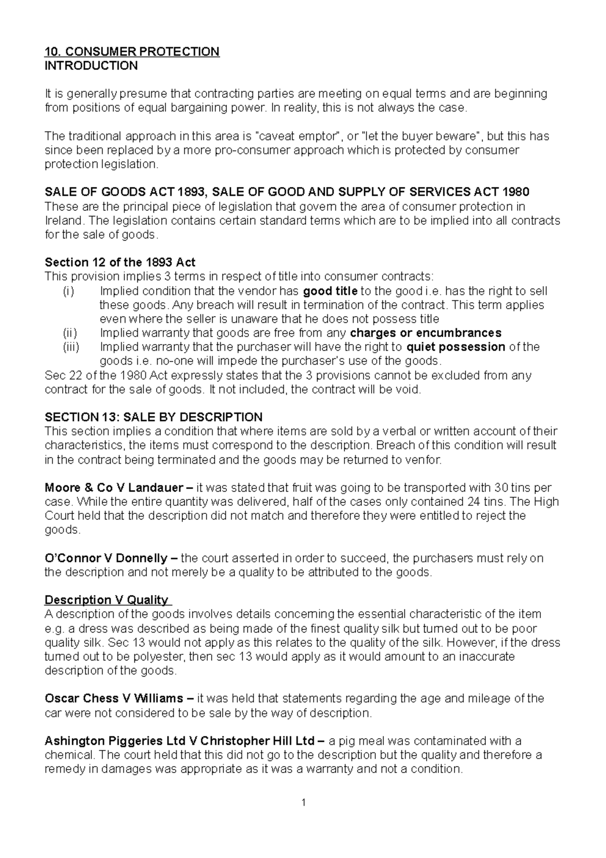 10. Consumer Protection Lecture Notes - Condensed from lecture material ...
