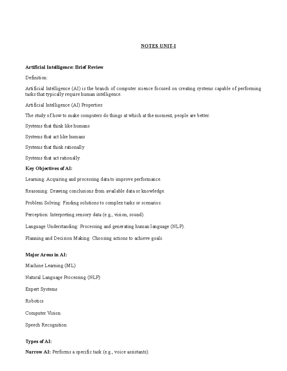 CI Unit-1 Notes: Overview of Artificial Intelligence Concepts - Studocu