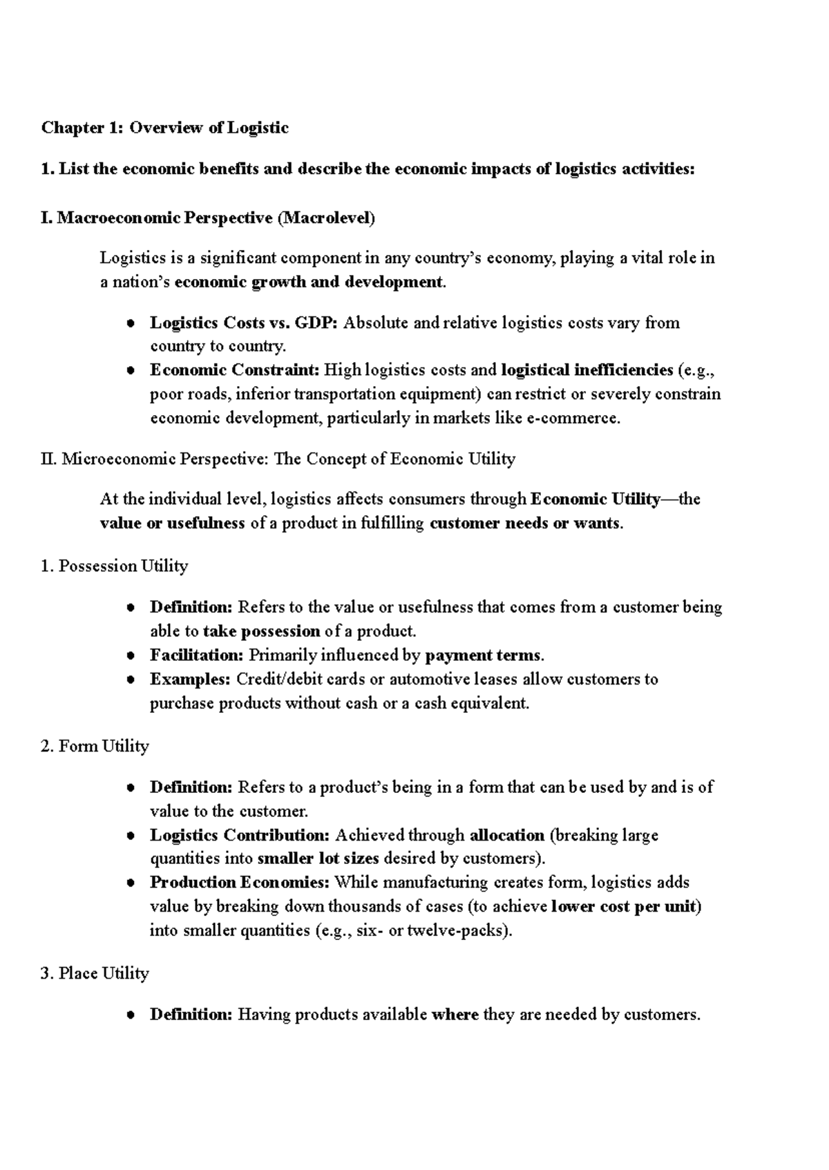 Chapter 1: Economic Impacts and Management of Logistics (LOG101) - Studocu
