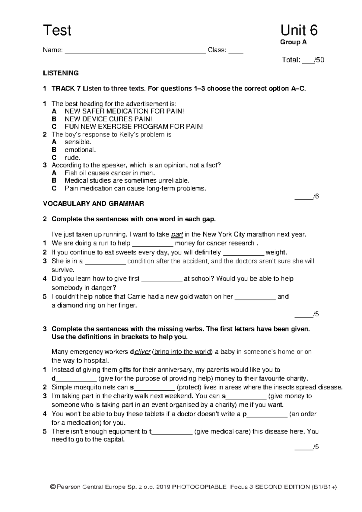 Focus 3 2E Test Unit 6 Group A Listening & Vocabulary Exercises - Studocu