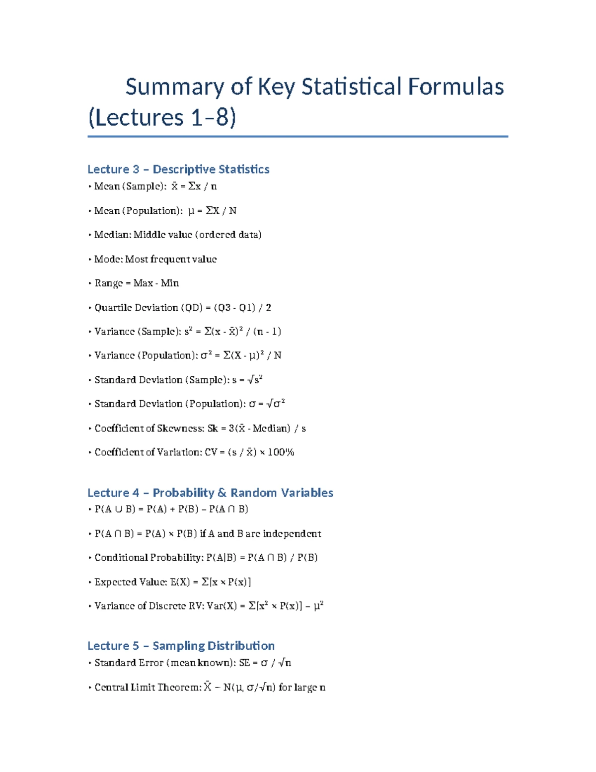 Statistical Formulas Explained: Lectures 3-7 Overview and Key Concepts ...