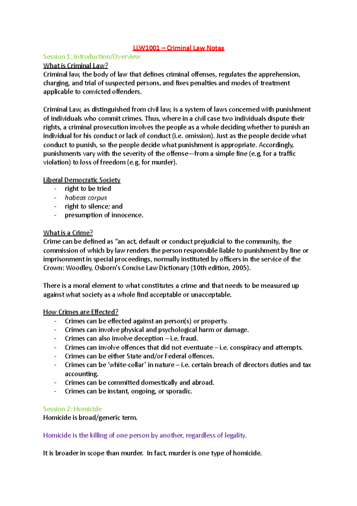 LLW1001 Criminal Law: Comprehensive Notes and Key Concepts - Studocu