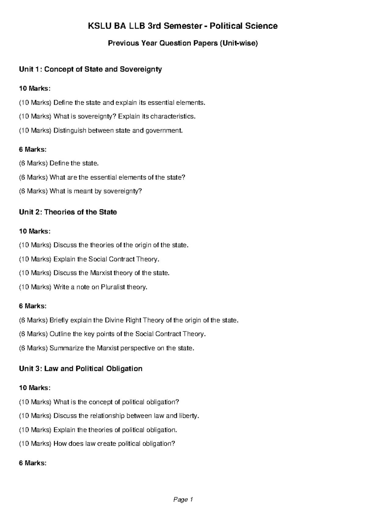 KSLU BA LLB 3rd Sem Political Science Prev Year QP Unit-wise - Studocu