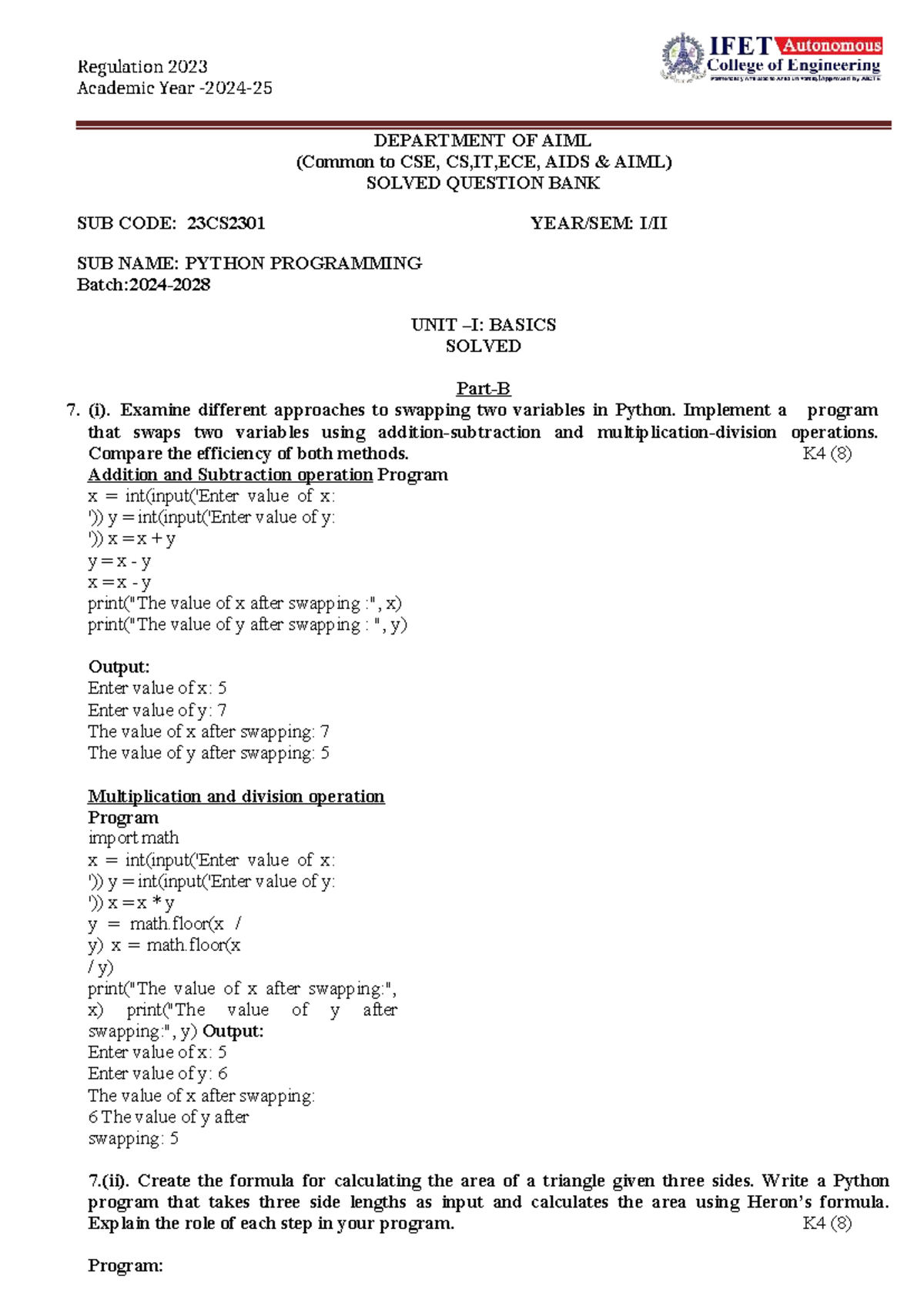 Regulation 2023: Solved Question Bank for Python Programming (23CS2301 ...