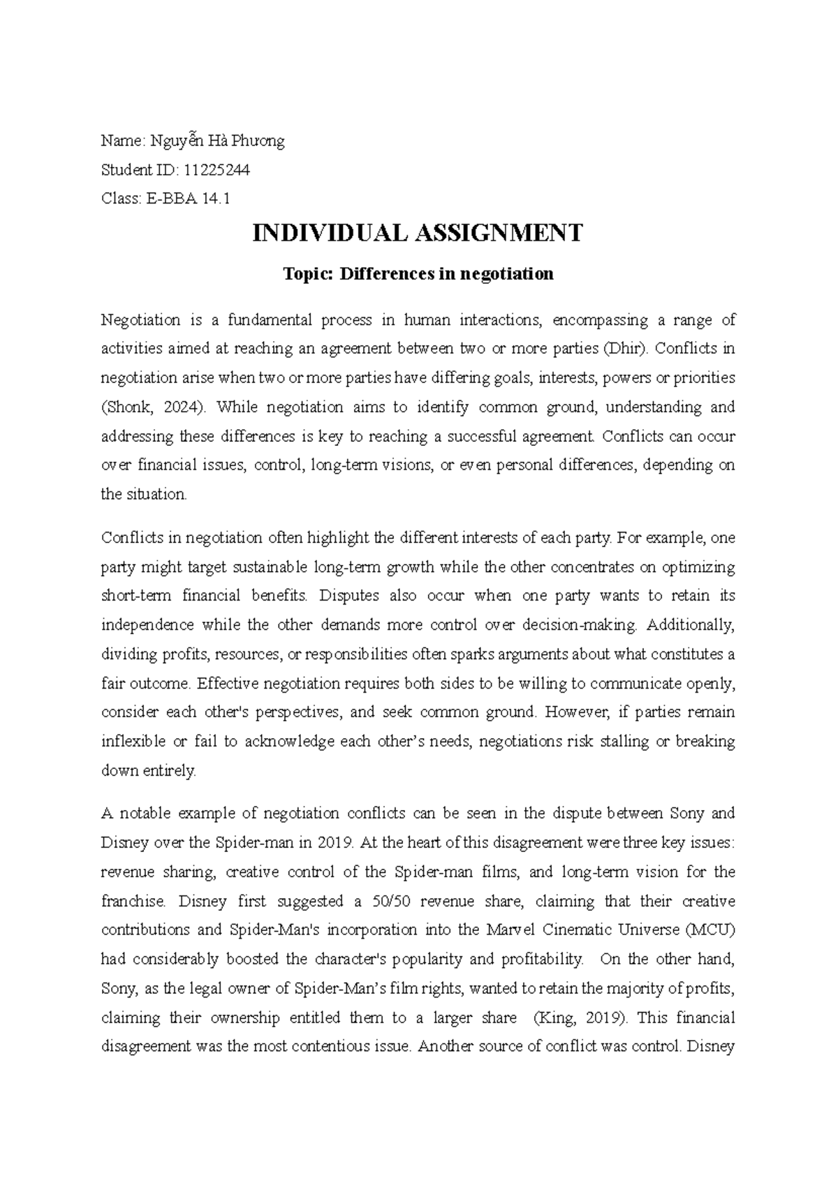 E-BBA 14 Individual Assignment: Analyzing Differences in Negotiation ...