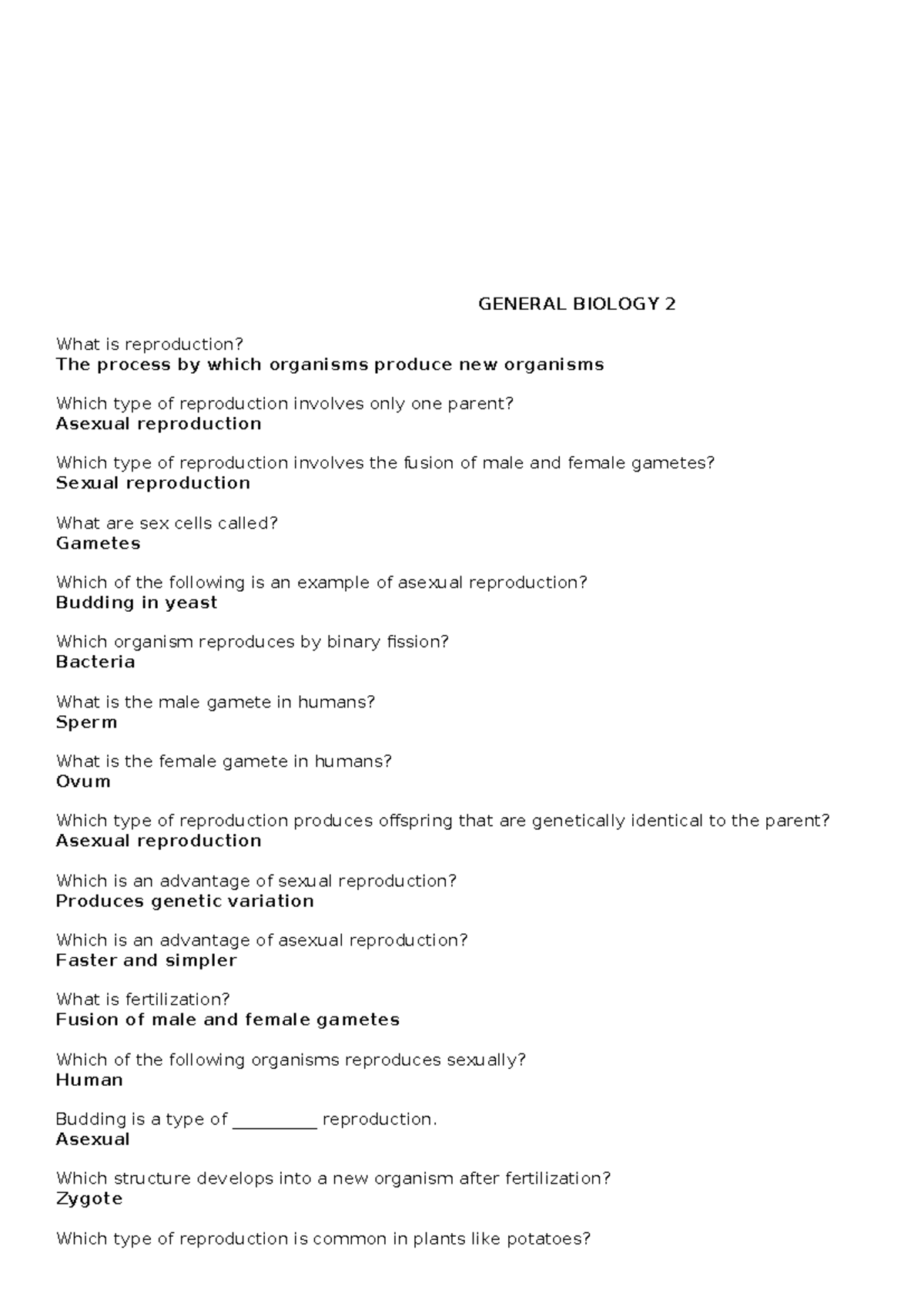 GENERAL BIOLOGY 2: Reproduction Processes and Types - Studocu