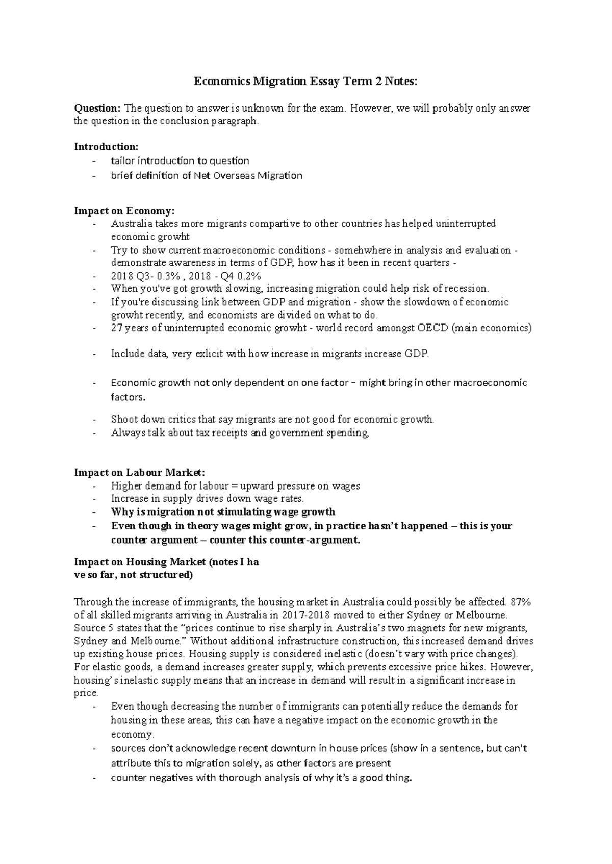 Economics Migration Term 2 Essay Notes: Impact on Economy and Society ...