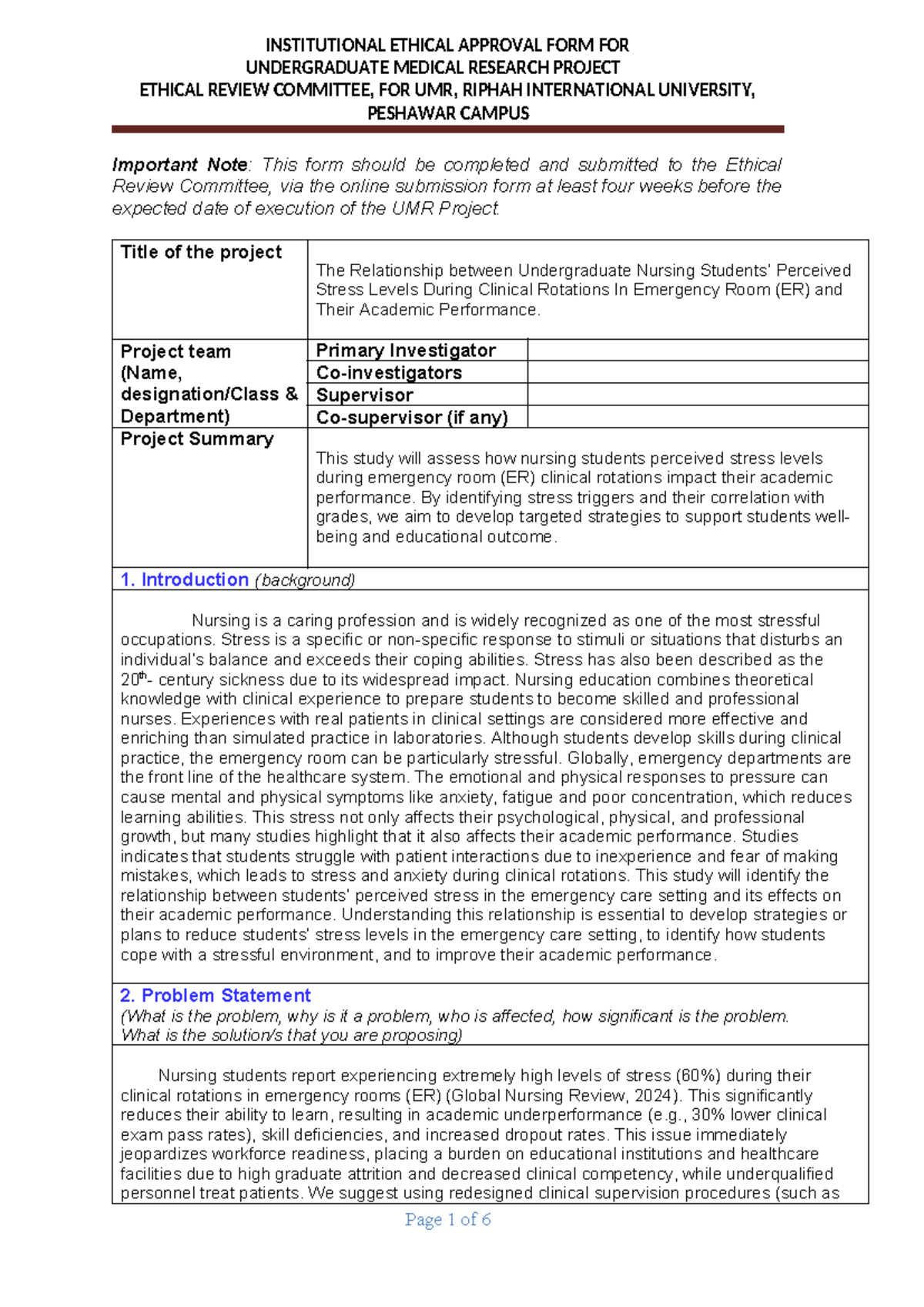 UMR Ethical Approval Form: Nursing Students' Stress & Academic ...
