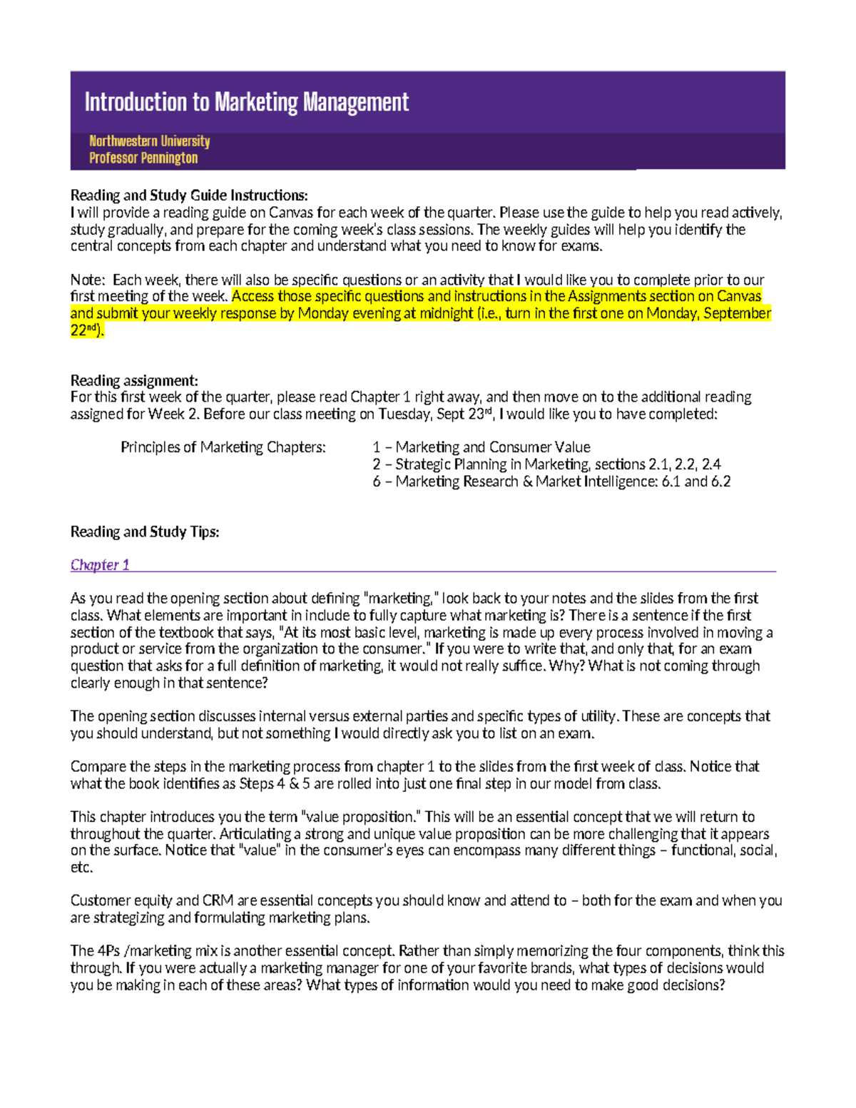 Week 1 Reading Guide - Principles of Marketing (MKT 101) - Studocu