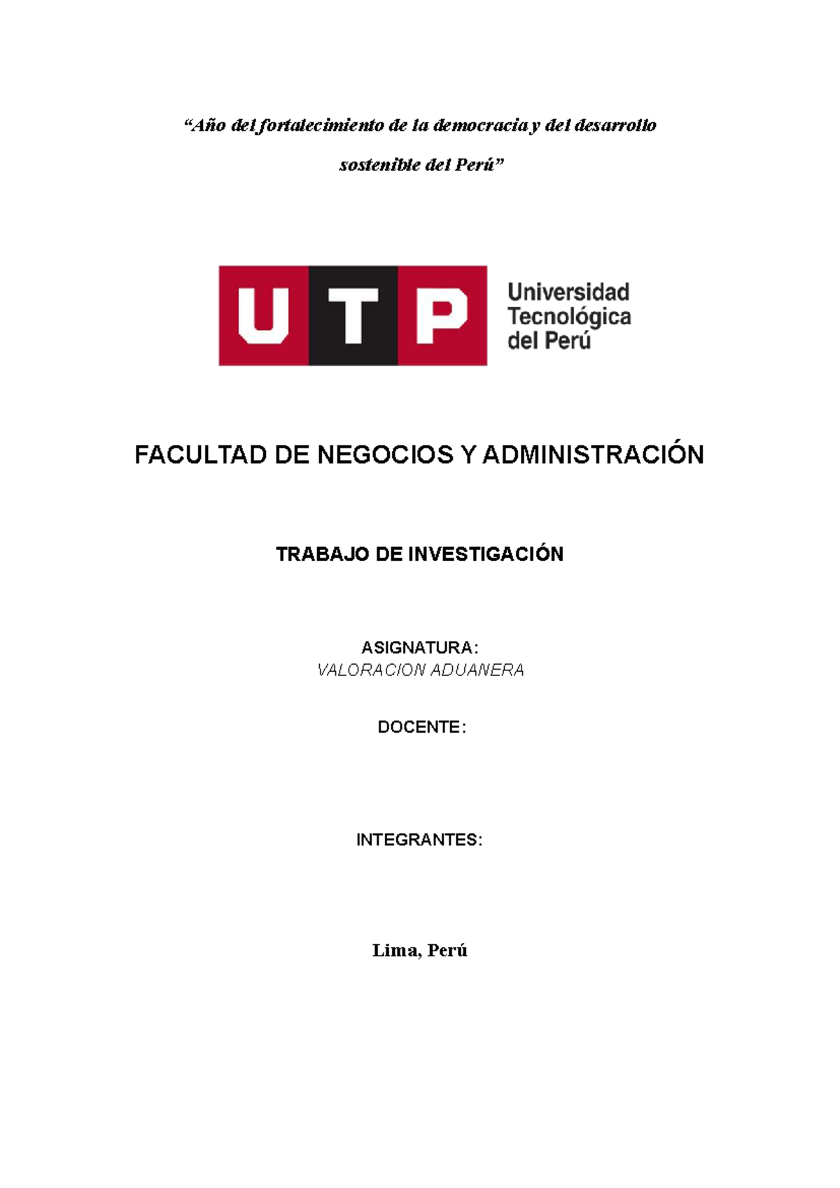Trabajo de Investigación: Valoración Aduanera - Facultad de Negocios y - Document Preview