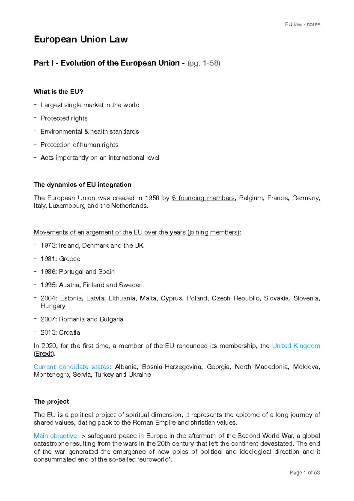 EU Law Notes: Part I - Evolution and Integration of the European Union ...