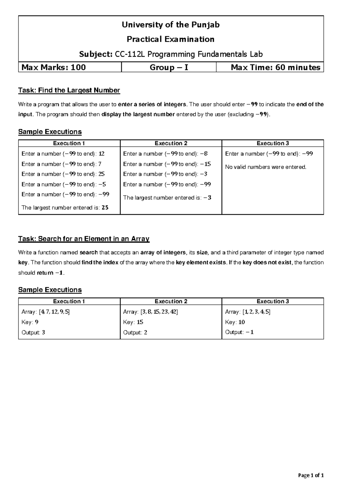 PF Lab Practical Exam - Group I: Largest Number & Search in Array - Studocu