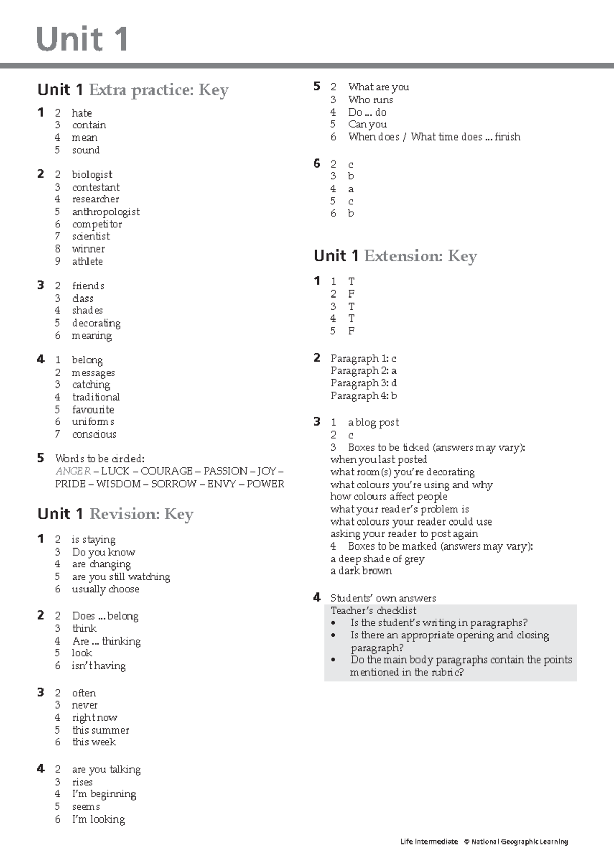 Int Unit1 Answer Key - A nice extra thing - Unit 1 Life Intermediate ...