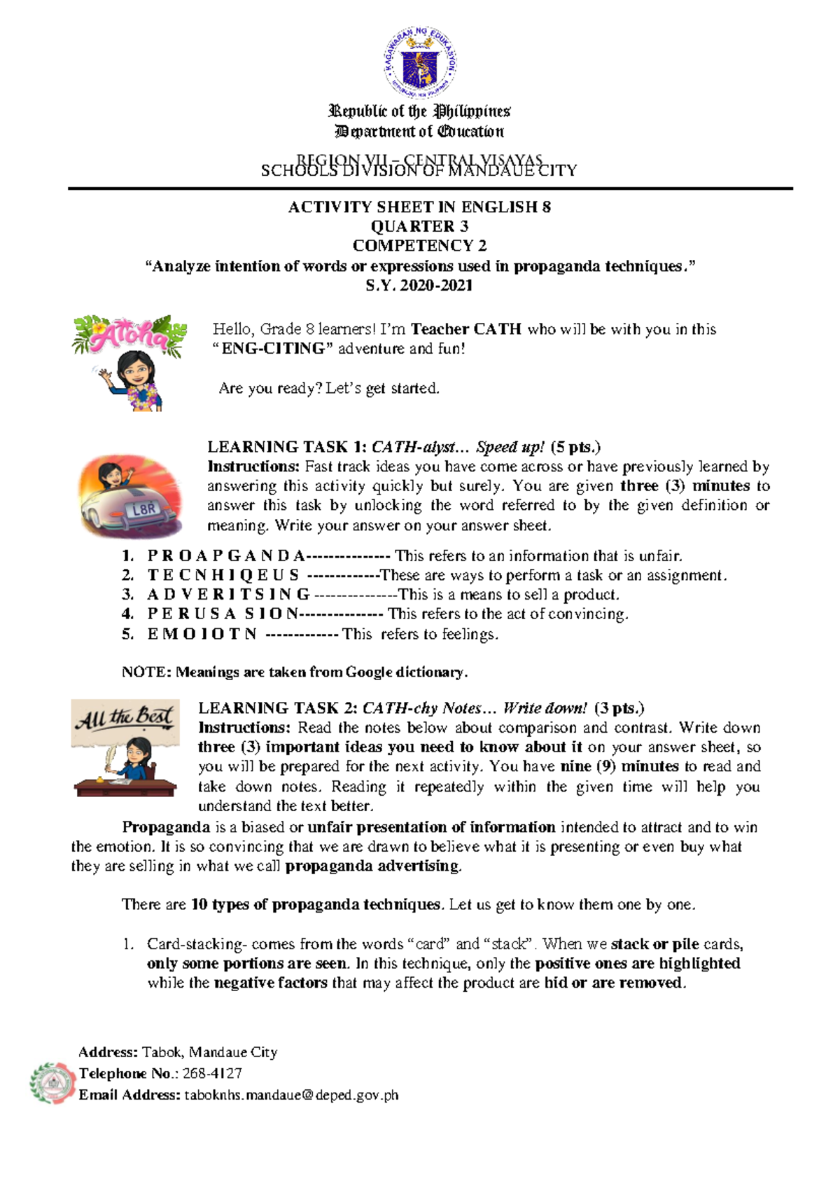 E8Q3ASW2 - English 8 Activity Sheet: Analyzing Propaganda Techniques ...
