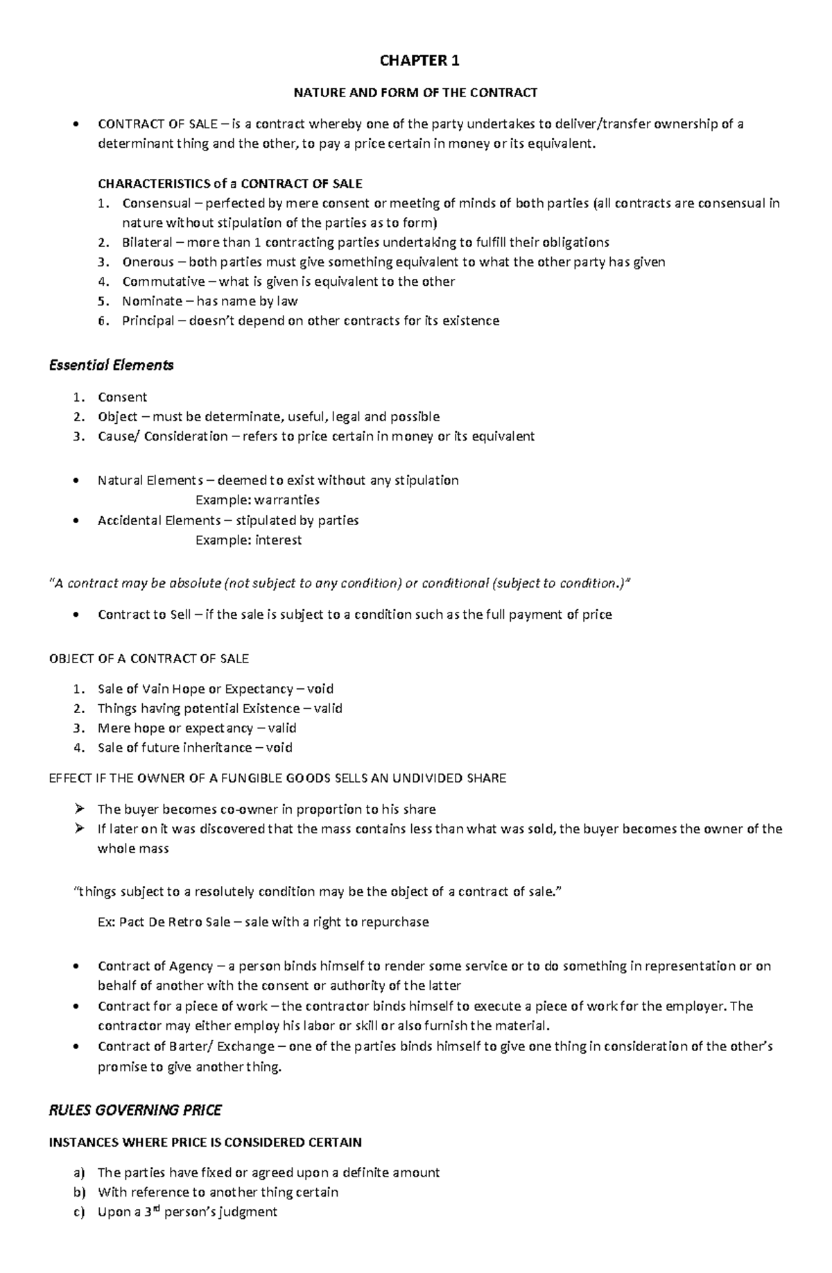 LAW 101: CHAPTER 1 - NATURE AND FORM OF THE CONTRACT OF SALE - Studocu