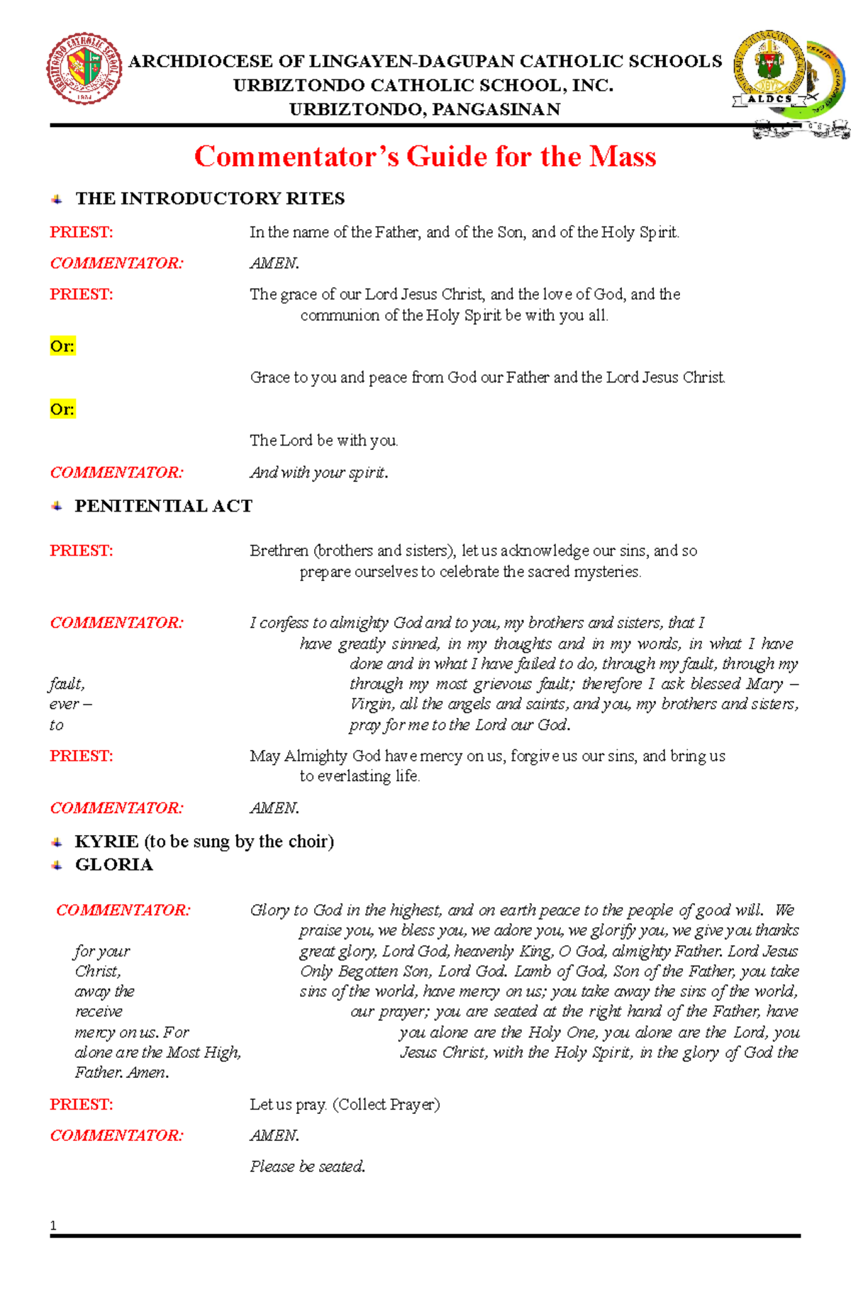 Commentator's Guide for the Mass at URBIZTONDO CATHOLIC SCHOOL - Studocu