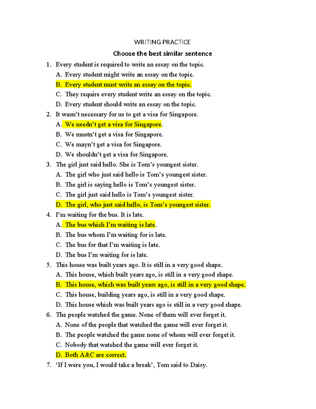 Writing Practice: Sentence Similarity Exercises by Lê Thị Hồng Nhung ...