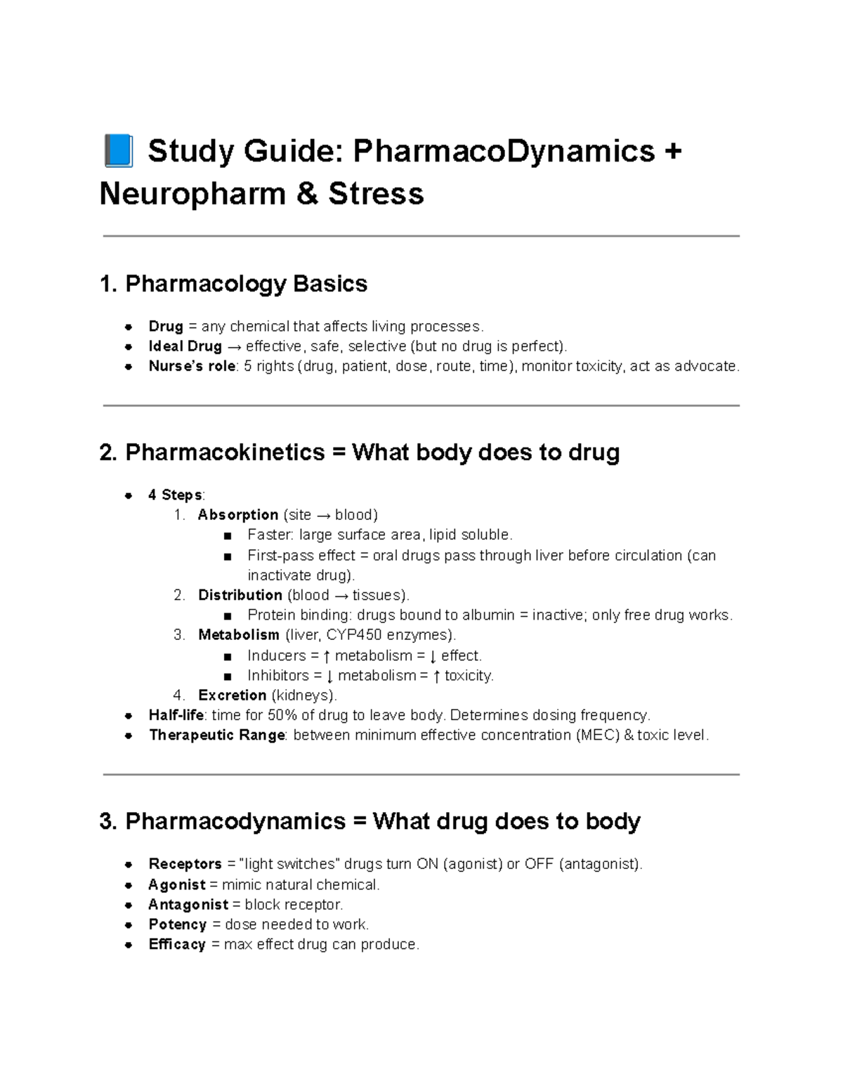 Exam 1 Study Guide: PharmacoDynamics, Neuropharm & Stress - Studocu