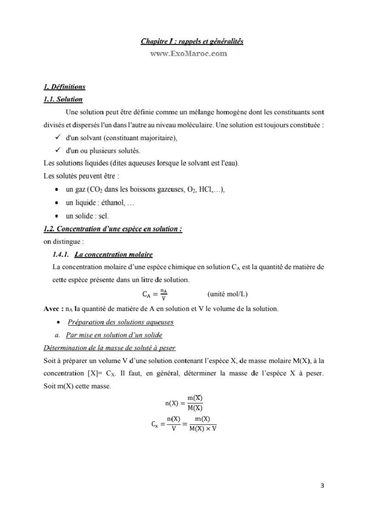 Chapitre 1 : Définitions et Concepts de Solutions en Chimie 1 - Studocu