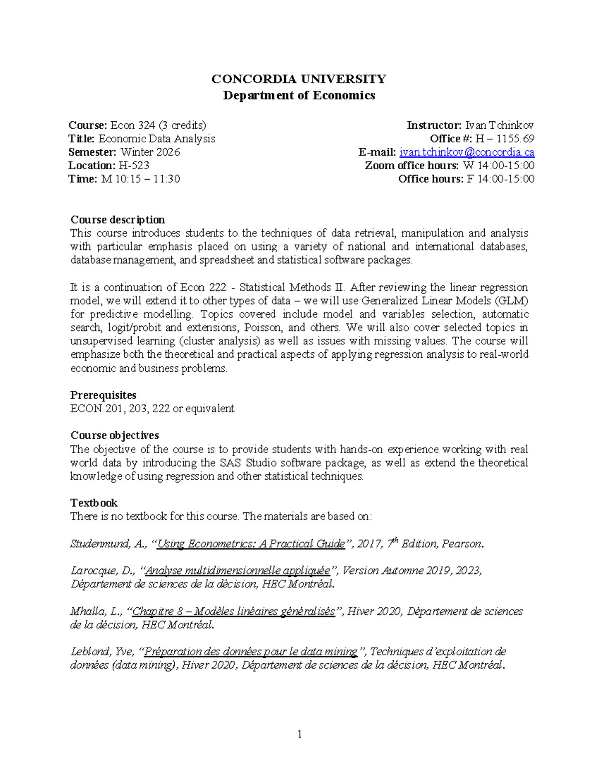 Econ 324 Winter 2026: Economic Data Analysis Course Outline - Studocu