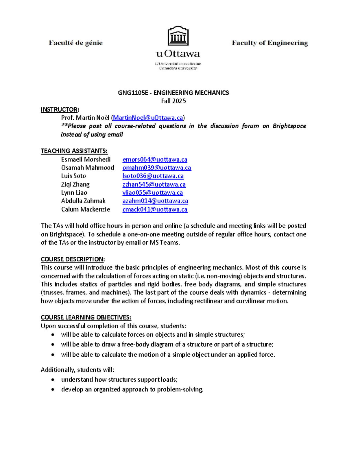 GNG1105E Engineering Mechanics Course Outline - Fall 2025 - Studocu