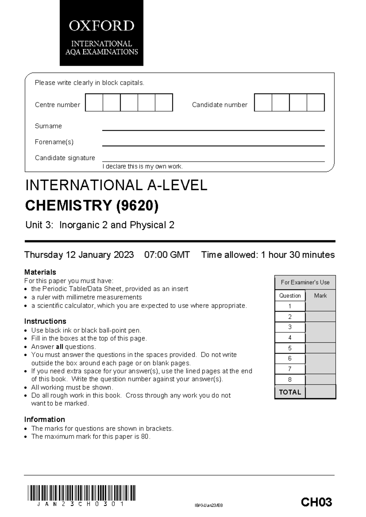 CH03 QP: International Chemistry Unit 3 Exam - 12 Jan 2023 - Studocu