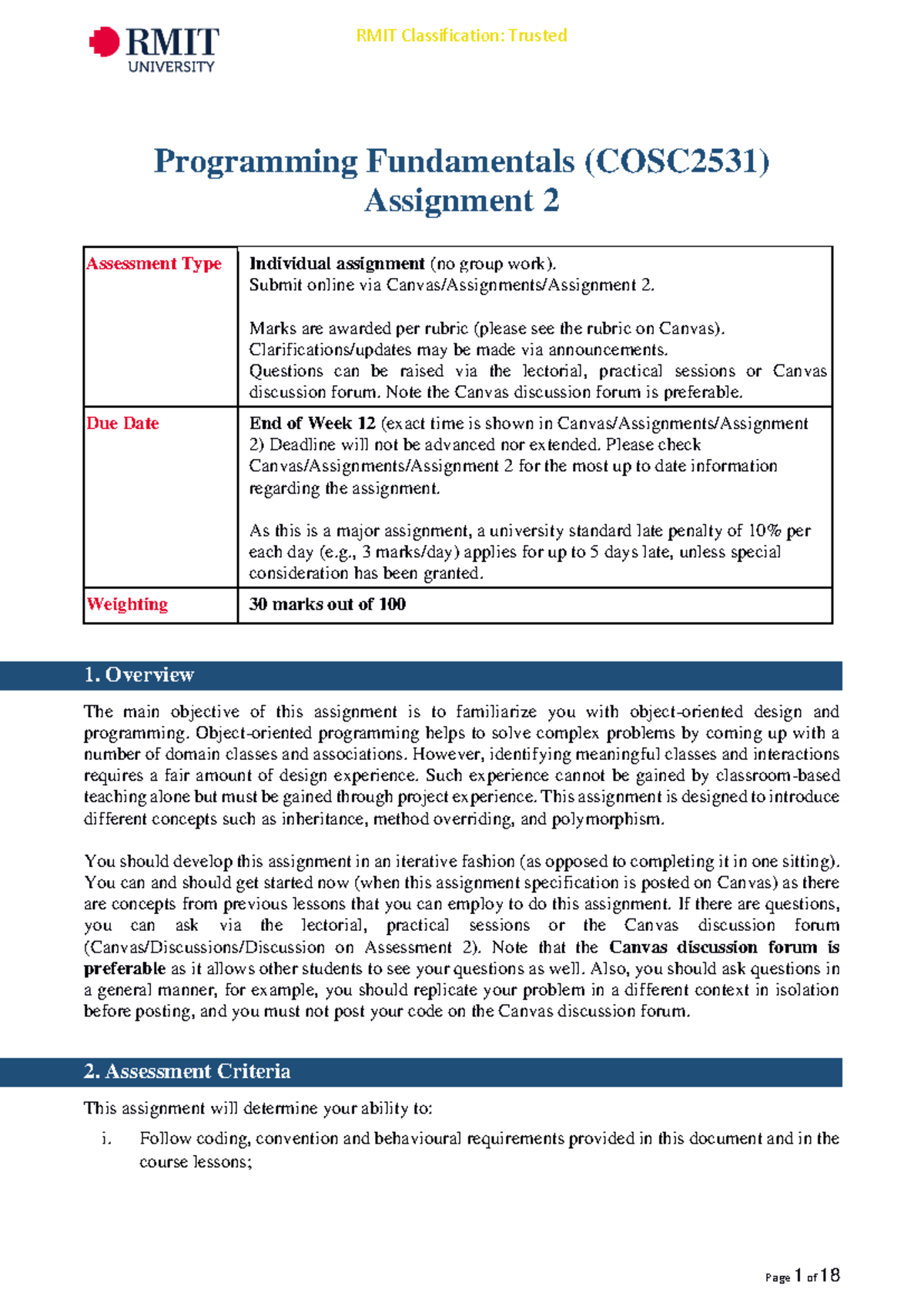 Programming Fundamentals (COSC 2531) - Assignment 2 Instructions - Studocu