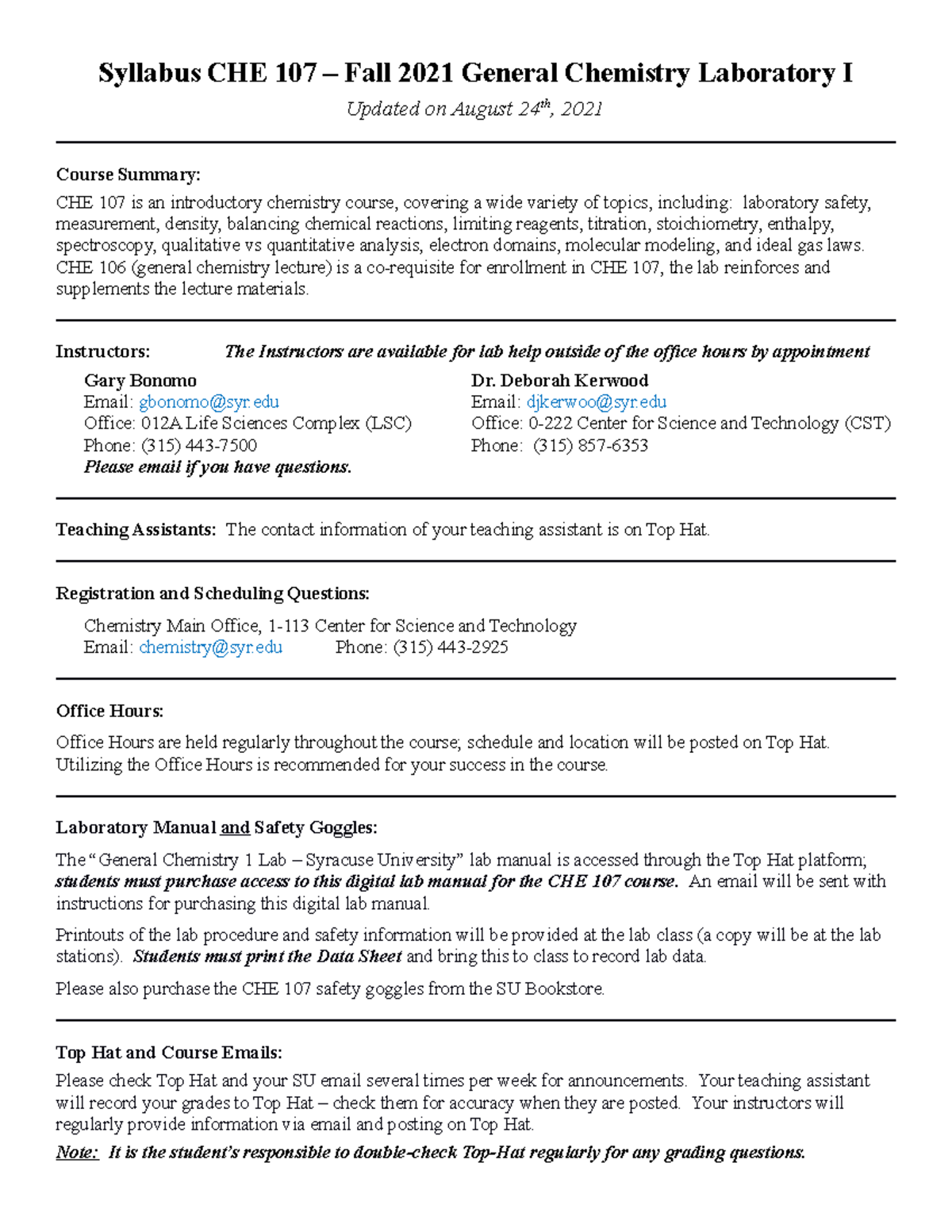 CHE 107 Syllabus & Assignments - Fall 2021 General Chemistry Lab - Studocu