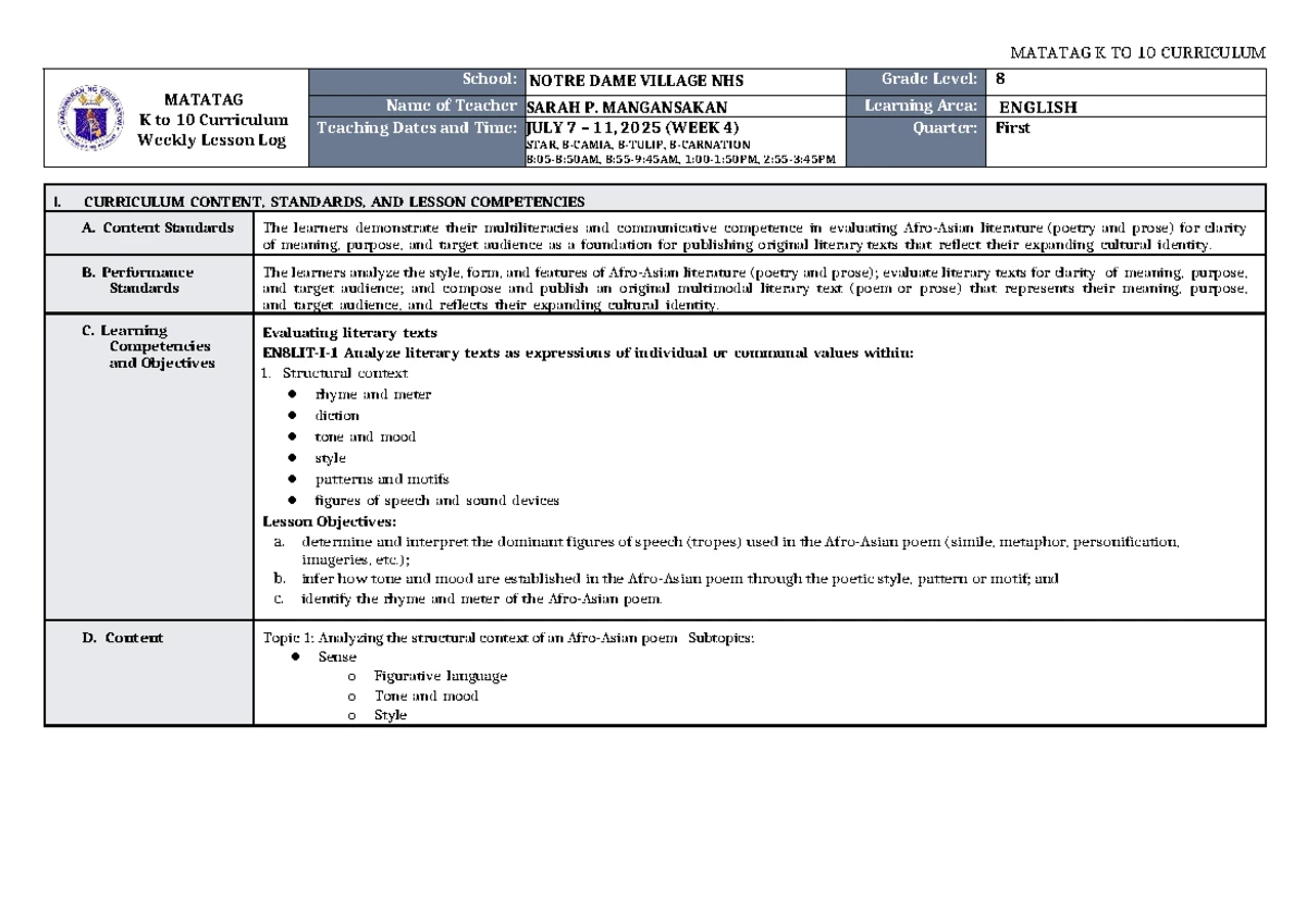 DLL Matatag English 8 Q1 W4 Weekly Lesson Log by Effie Ferolino - Studocu