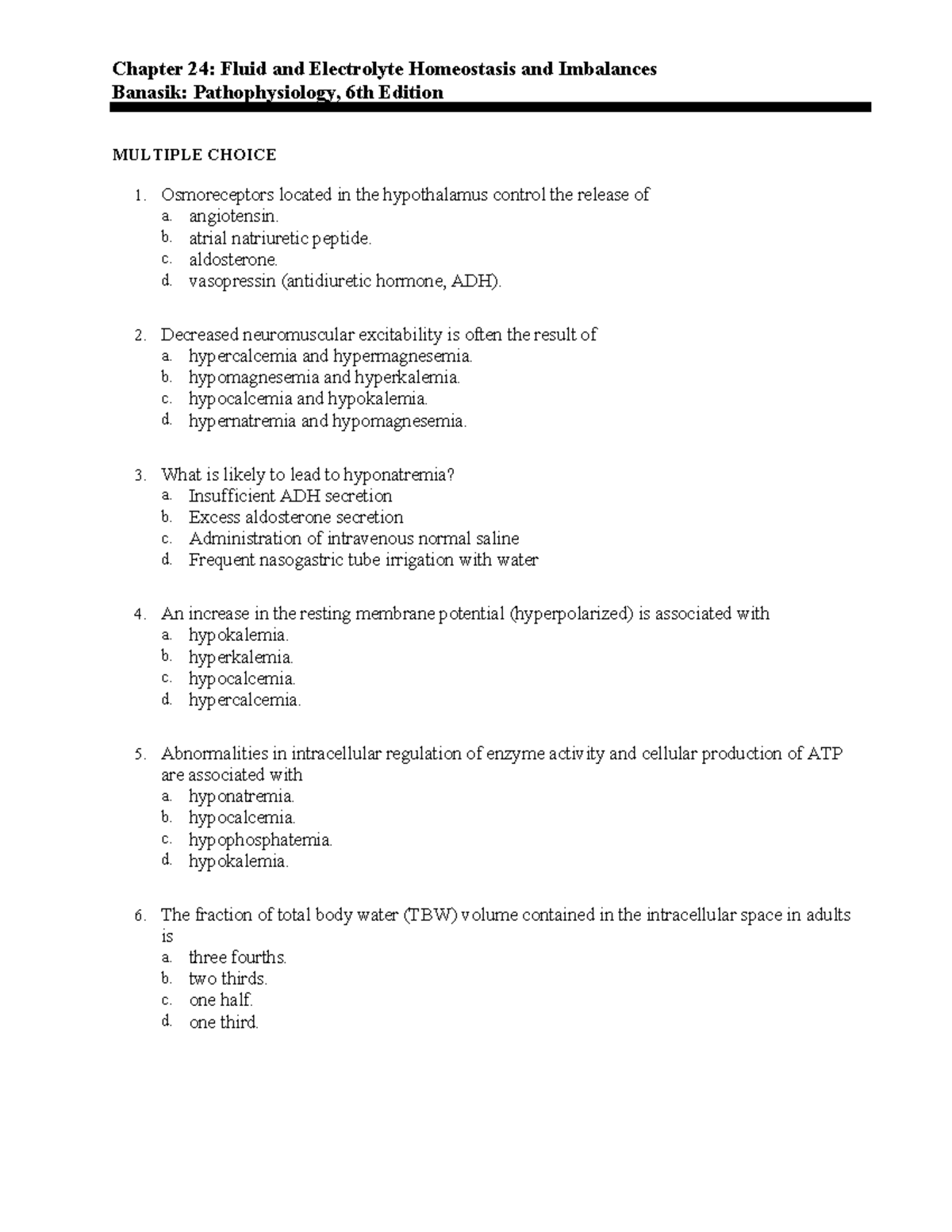 NSG 3850 Ch 24 Questions - Chapter 24: Fluid and Electrolyte ...
