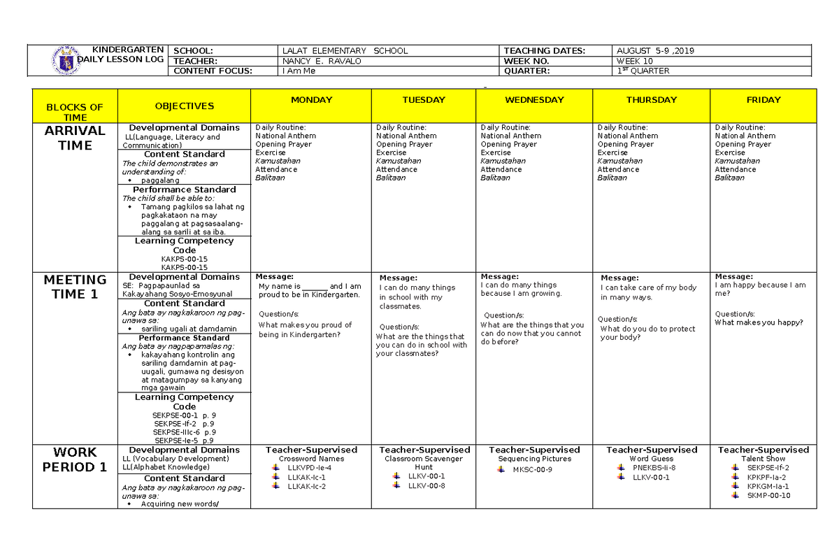 WEEK 10 DAILY LESSON LOG FOR KINDERGARTEN KDE-1ST QUARTER - Studocu