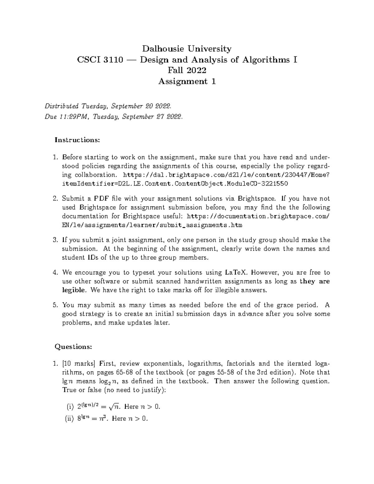 CSCI 3110 Assignment 1 - Design and Analysis of Algorithms I - Studocu