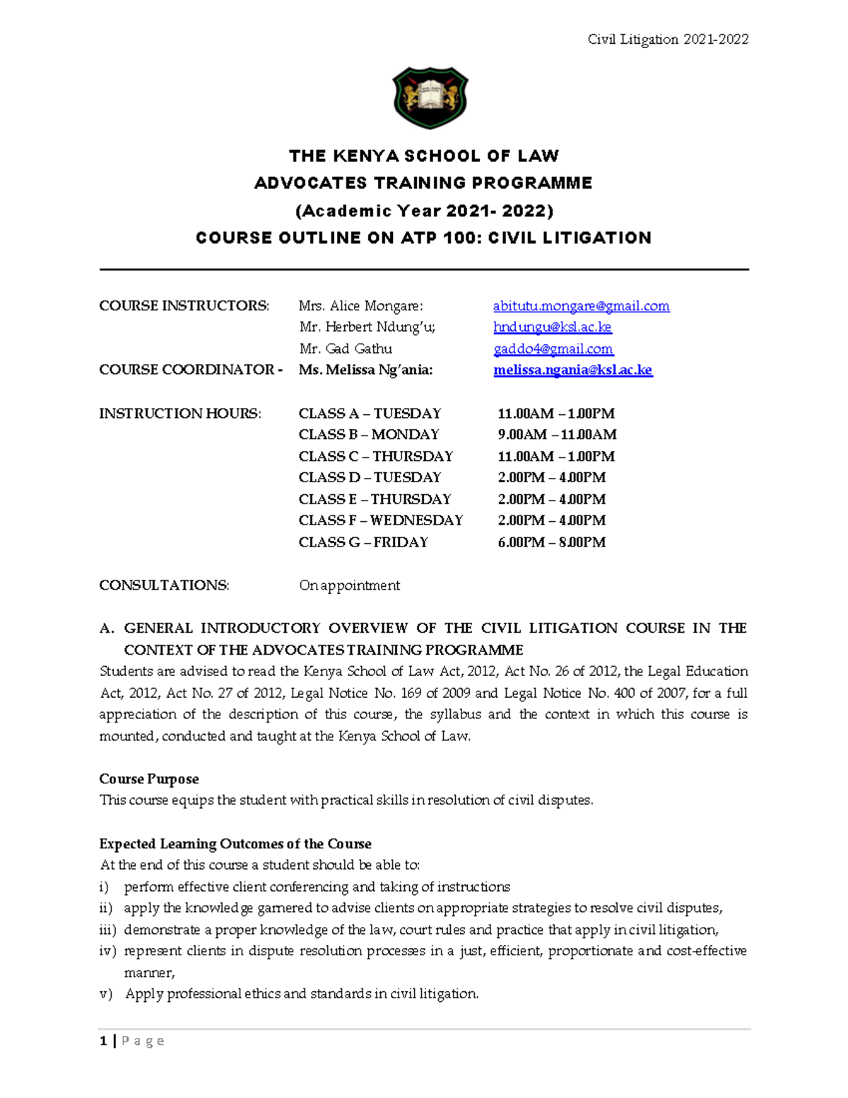 ATP 100: Civil Litigation Course Outline for 2021 - Studocu