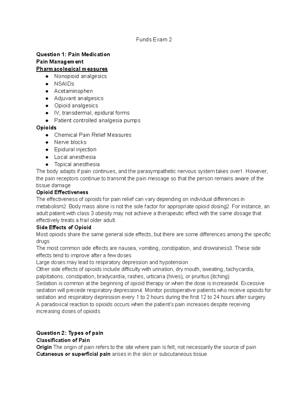 Funds Exam 2: Pain Management and Patient Care Insights - Studocu
