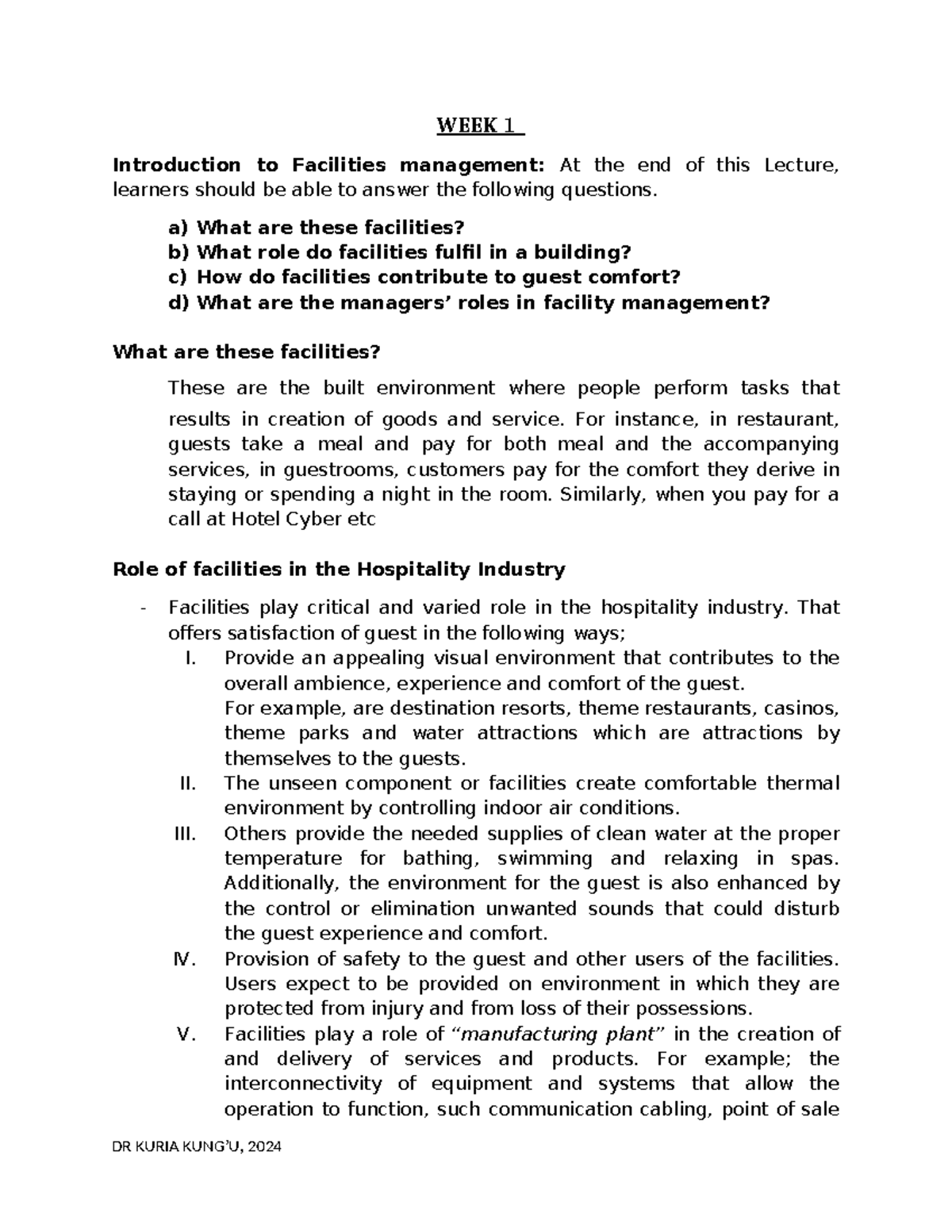 WEEK 1A - Lecture on Facilities Management in Hospitality - Studocu