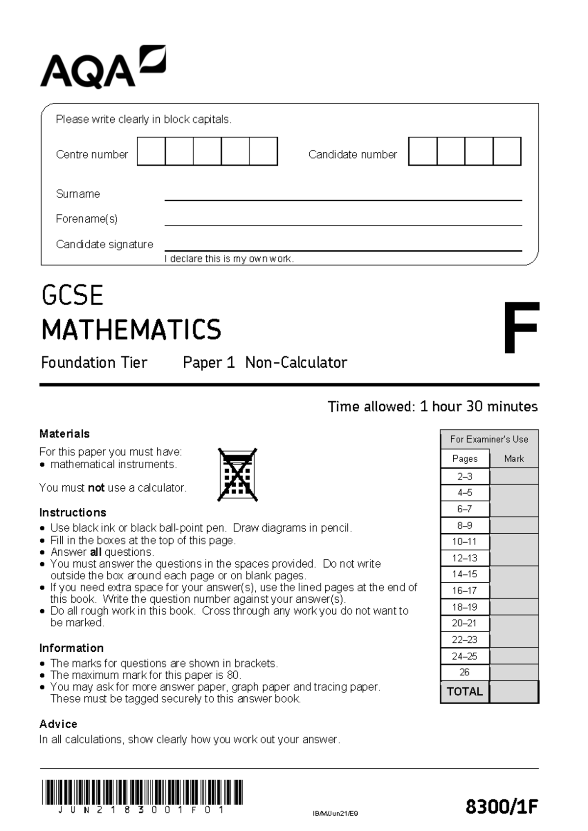 GCSE Math Practice Paper - June 2021 QP (Foundation Tier) - Studocu