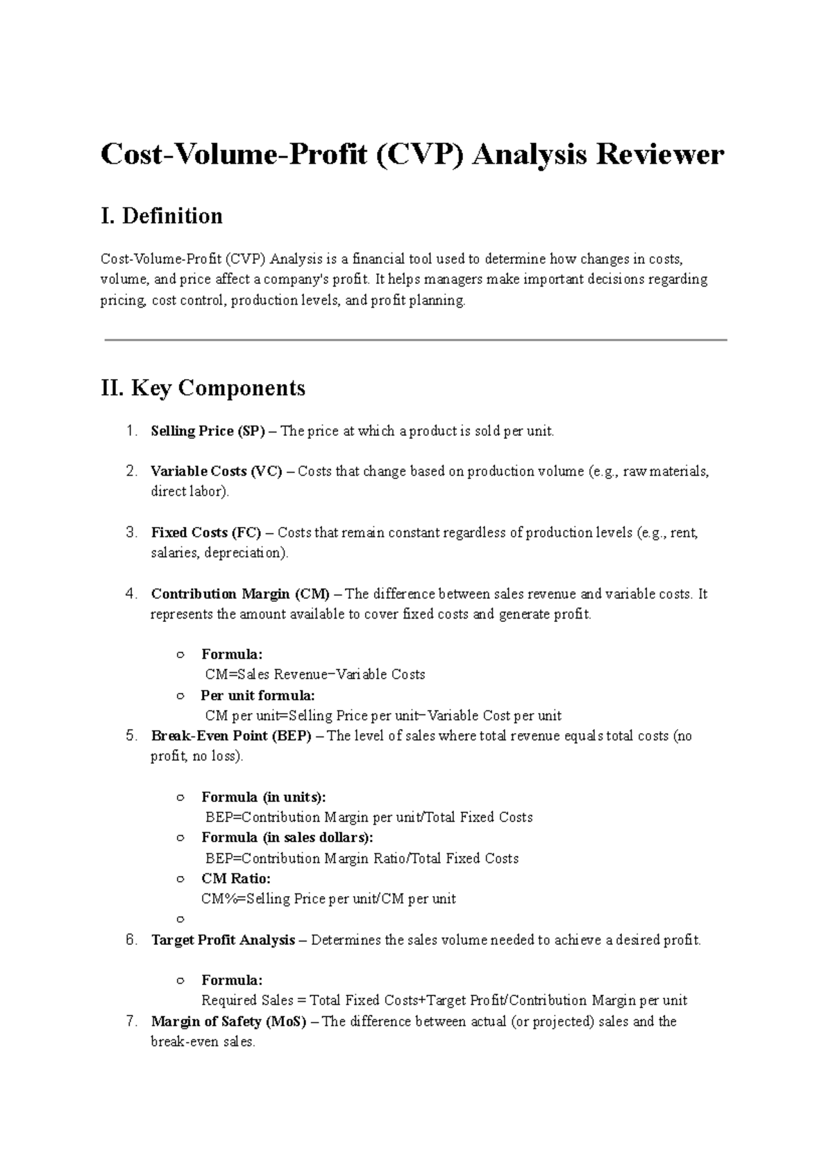 Cost-Volume-Profit (CVP) Analysis Study Notes for Financial Mgmt - Studocu