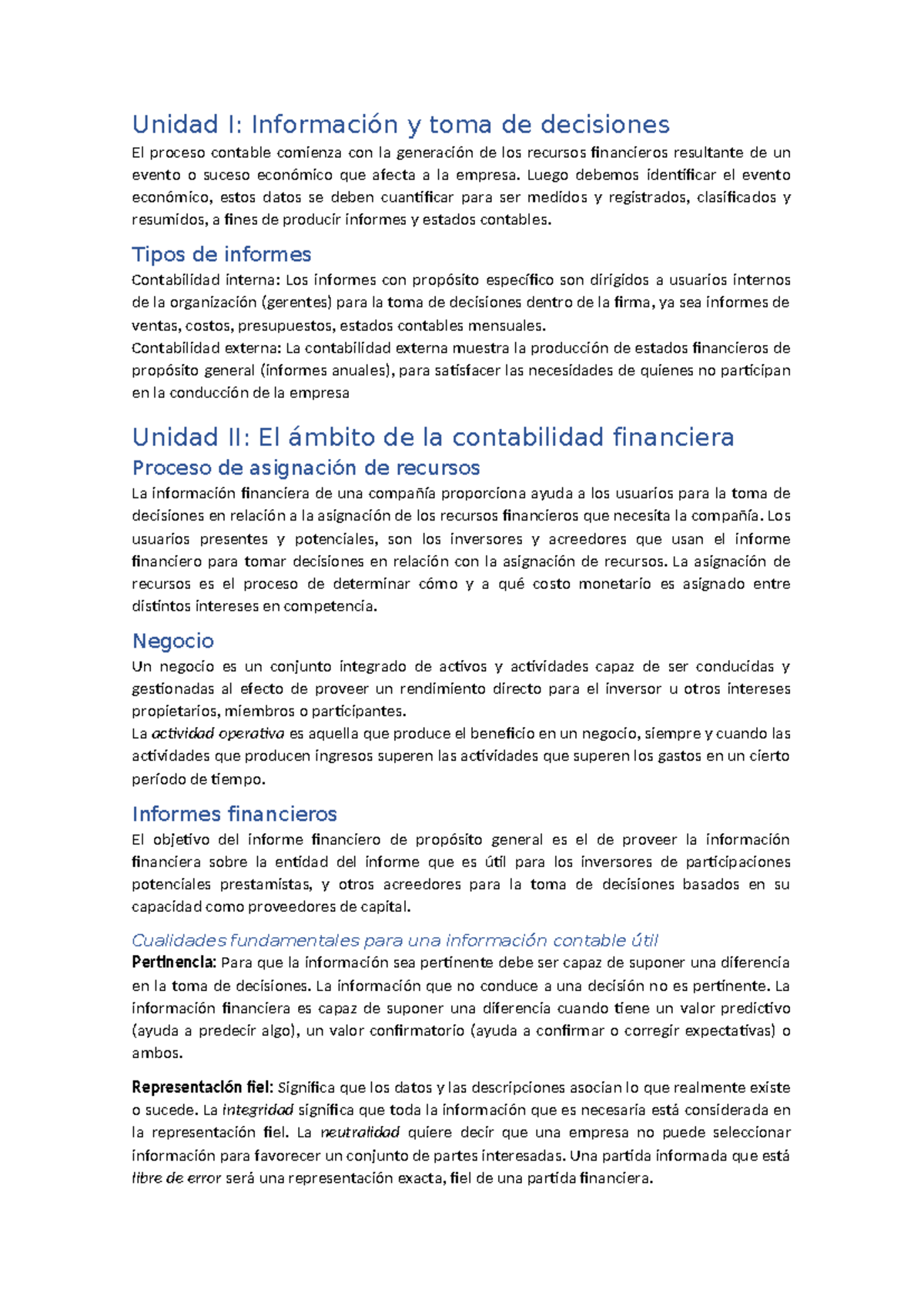 Resumen PCG p/ final - Unidad I: Información y toma de decisiones El ...